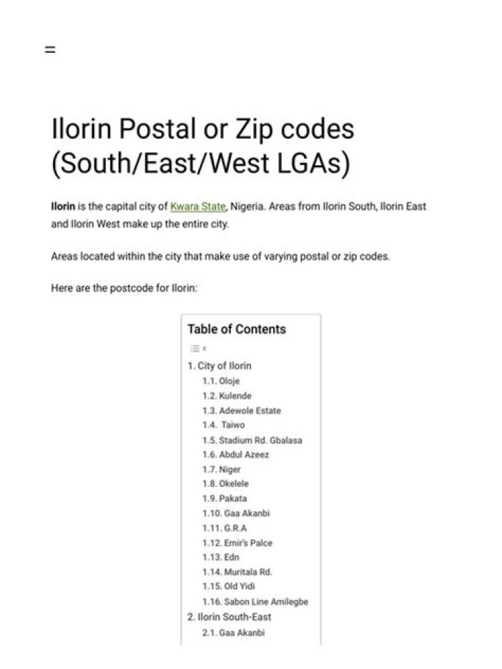 Ilorin Postal or Zip codes (South/East/West LGAs)