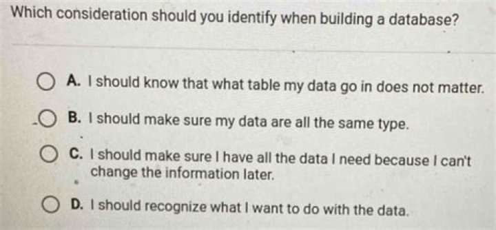Which consideration should you identify when building a database